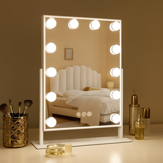 Vanity Mirror with Lights, Hollywood Vanity Makeup Mirror with 9 Dimmable LED Bulbs, 3 Color Lighting Modes, Detachable 10X Magnification, 360°Rotation,White
